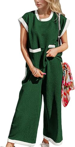 Faleave Women's 2 Piece Summer Lounge Set Outfit Short Sleeve Pullover Tops Wide Leg Long Pants Tracksuit in Kuwait