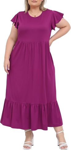 Moon Wood Women’s 2025 Plus Size Disual Dress Dress Crew Neck Shulk Short Summer Maxi Dresses with Mobicets in Saudi Arabia