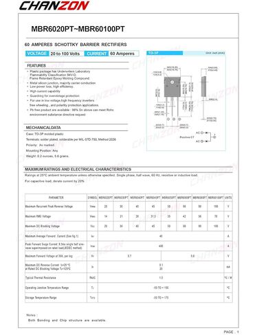 (Pack of 5 Pieces) Chanzon MBR6045PT Schottky Barrier Rectifier Diodes 60A 45V TO-3P (TO-247AD) 60 Amp 45 Volt in Saudi Arabia