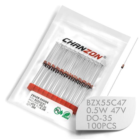 (عبوة من 100 قطعة) Chanzon BZX55C47 (1N5261B) زينر ديود 0.5 وات 47 فولت DO-35 (DO-204AH) صمامات ثنائية محورية 0.5 وات 47 فولت in Saudi Arabia