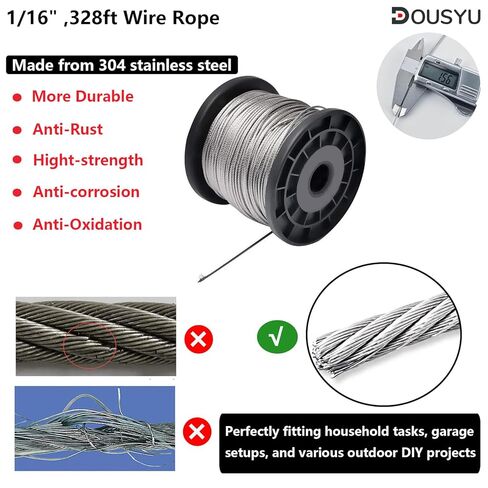 328ft Wire Rope, 1/16" Stainless Steel Cable with 100Pcs Aluminum Crimping Sleeves, Steel Wire Cable,Picture Wire,7x7 368 lbs Breaking Strength in Saudi Arabia
