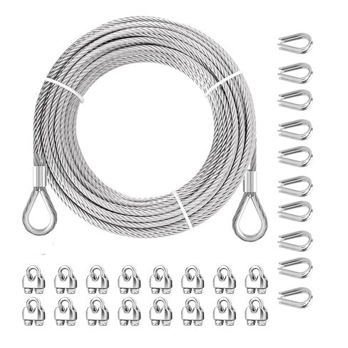 كابل من الفولاذ المقاوم للصدأ بطول 3/16 بوصة حبل سلكي بطول 100 قدم مع مشابك حبل سلكية وكشتبان، قوة كسر 4300 رطل، كابل طائرة بطول 7 × 19 لخط الغسيل في ساحة زيبلاين لرفع القارب على سطح السفينة [100 قدم] in Kuwait