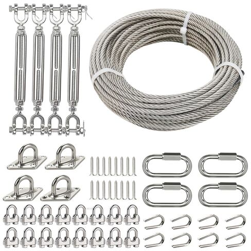 1/4" Wire Rope Kit with 50ft Stainless Steel Cable, 1/4 Turnbuckles, M8 Chain Link & Pad Eye Hooks, 1400 lbs Load Limit, Tension Cable Wire Kit for Shade Sails, Deck Railing, Camping, Boat in Kuwait