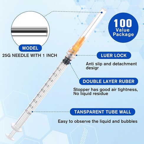 100 عبوة من محاقن مختبر الاستغناء عن Luer Lock 1 مل 25Ga 1 بوصة، لوازم صناعية علمية، مغلفة بشكل فردي in Kuwait