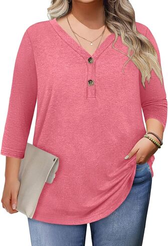 3/4 طول الأكمام نساء قمم الصيف بالإضافة إلى زر الحجم أسفل القمصان الرقبة بلوزات الأعمال غير الرسمية لسترات فضفاضة L-4XL in Kuwait