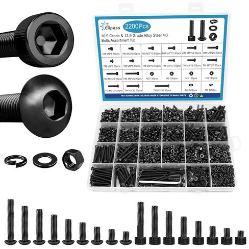 2200PCS M3 Screws with Nuts Assortment Kit, Hex Socket Button and Cap Head Bolts, 12.9 and 10.9 Grade, Black Zinc Plated, 4-35mm, for DIY and 3D Printer in Saudi Arabia