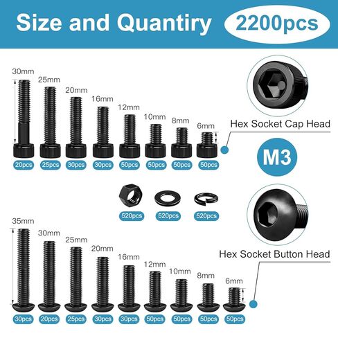2200PCS M3 Screws with Nuts Assortment Kit, Hex Socket Button and Cap Head Bolts, 12.9 and 10.9 Grade, Black Zinc Plated, 4-35mm, for DIY and 3D Printer in Saudi Arabia