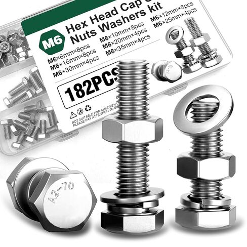 182Pcs M6 Nuts and Bolts Assortment Kit, A2-70 Stainless Steel Hex Head Cap Screws with Flat & Lock Washers, M6x8mm-35mm for Metric Bikes, Furniture & Vehicle Modifications in Kuwait