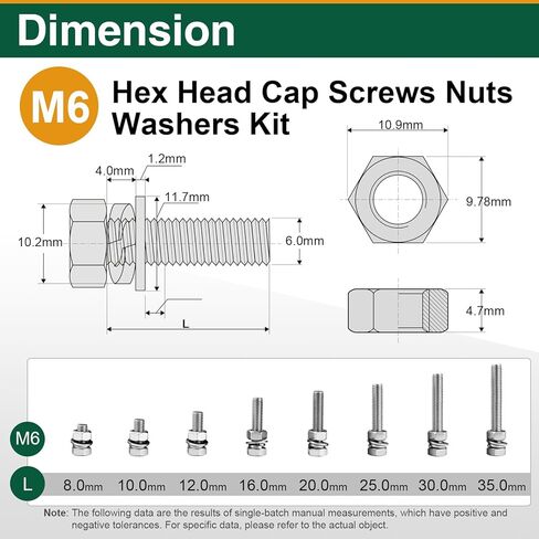 182Pcs M6 Nuts and Bolts Assortment Kit, A2-70 Stainless Steel Hex Head Cap Screws with Flat & Lock Washers, M6x8mm-35mm for Metric Bikes, Furniture & Vehicle Modifications in Kuwait