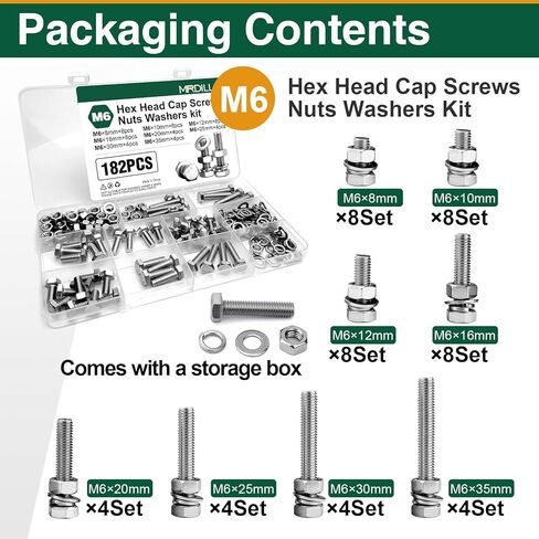 182Pcs M6 Nuts and Bolts Assortment Kit, A2-70 Stainless Steel Hex Head Cap Screws with Flat & Lock Washers, M6x8mm-35mm for Metric Bikes, Furniture & Vehicle Modifications in Kuwait