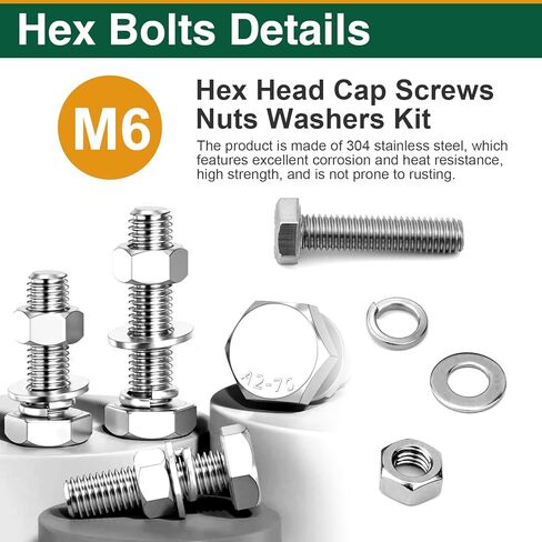 182Pcs M6 Nuts and Bolts Assortment Kit, A2-70 Stainless Steel Hex Head Cap Screws with Flat & Lock Washers, M6x8mm-35mm for Metric Bikes, Furniture & Vehicle Modifications in Kuwait