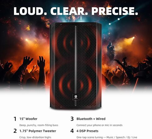 نظام مكبر صوت PA احترافي مقاس 15 بوصة بقدرة 1500 وات، وخلاط ثلاثي القنوات مع DSP، وإقران بلوتوث ولاسلكي TWS، وشاشة لعربات DJ، والأحداث الحية، والحفلات، واستخدام المسرح in Kuwait