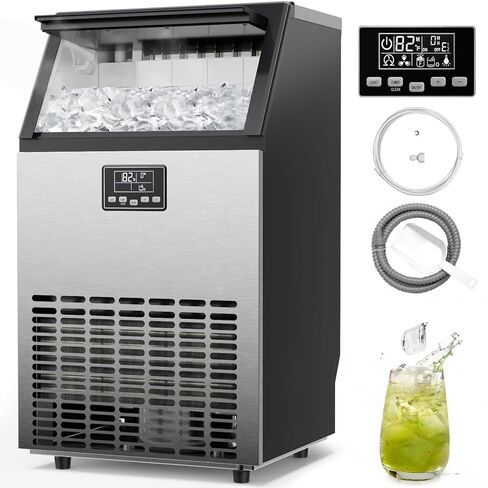 Kismile Commercial Ice Maker Machine, 66LBS/24H, LCD Panel, Self-Cleaning, 24H Timer, Stainless Steel, Compact Ice Cube Maker for Home Bar, Include Scoop & Connection Hose in Kuwait
