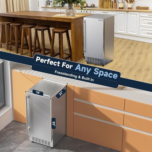 Coolski 15" W Commercial Under Counter Ice Maker Machine, Stainless Steel Outdoor Built-in Freestanding Ice Maker for Home Bar Restaurant, 80 Lbs/Day, 30 Lbs Storage, Auto-Cleaning, in Kuwait