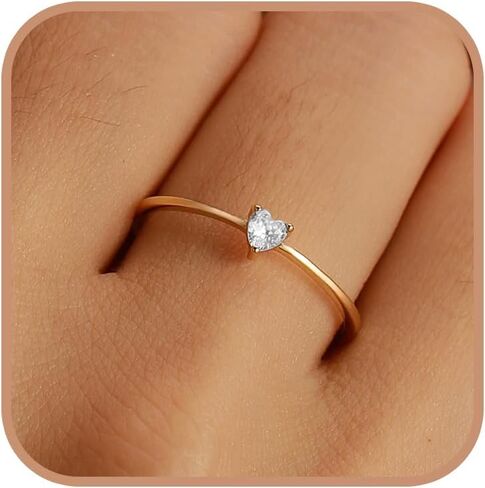 925 Sterling Silver Heart White Birthstone Ring for Women 14K Gold Plated Delicate Engagement Promise Rings to Daughter Mother Sister Minimalist Stackable Ring Wedding Graduation Gift for Her Size 5-7 in Kuwait