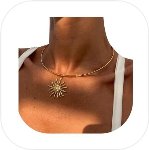 Summer Simple Metal Sunflower Pendant Collar Necklace Round Cuff Necklace Adjustable Bikini Clavicle Chain Jewelry Festival Statement Choker for Women in Saudi Arabia