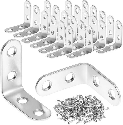 QWORK 24 قطعة من دعامات الزوايا المصنوعة من الفولاذ المقاوم للصدأ مقاس 1.57 × 1.57 بوصة - دعامات الزاوية اليمنى شديدة التحمل على شكل حرف L مع 96 براغي لخزائن أرفف الأثاث الخشبي وتعزيز الكراسي in Kuwait
