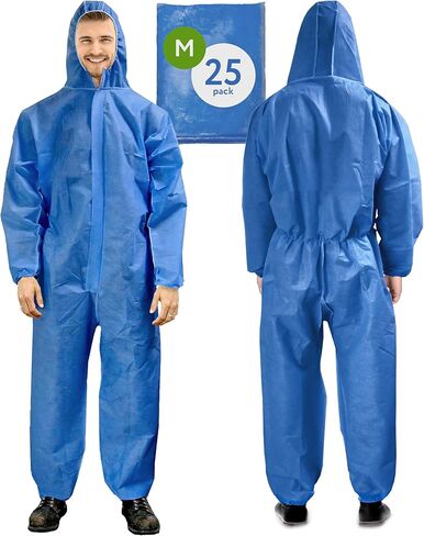 AMZ Medical Supply Blue Disposable Coveralls with Hood, Medium Size. Pack of 25 Hazmat Suits Disposable with Front Zip, Elastic Wrists & Ankles. 50 GSM SMS Painters Coveralls. Waterproof Paint Suit in Saudi Arabia