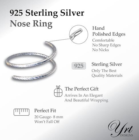 Hammered Silver Spiral Nose Ring For Women, 20G 925 Silver Double Nose Ring Hoop For Single Piercing, Spiral Nose Rings 7mm in Kuwait