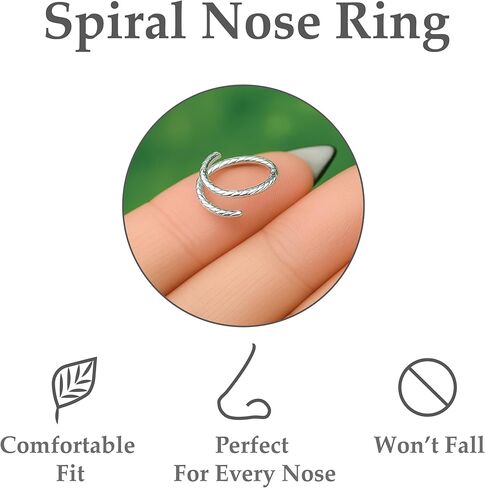 Hammered Silver Spiral Nose Ring For Women, 20G 925 Silver Double Nose Ring Hoop For Single Piercing, Spiral Nose Rings 7mm in Kuwait