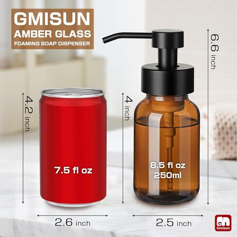 1pcs Foaming Soap Dispenser, 8.5 fl oz / 250ml Amber Glass Foam Soap Dispenser for Bathroom & Kitchen, Modern Refillable Foaming Hand Soap Dispensers, Foam Pump Bottle with Waterproof Labels in Saudi Arabia