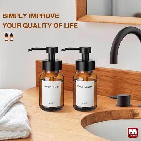 1pcs Foaming Soap Dispenser, 8.5 fl oz / 250ml Amber Glass Foam Soap Dispenser for Bathroom & Kitchen, Modern Refillable Foaming Hand Soap Dispensers, Foam Pump Bottle with Waterproof Labels in Saudi Arabia