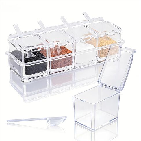 Clear Seasoning Box, 4 Pieces Acrylic Seasoning Rack Spice Jars with Spoons, Storage Container Condiment Jars with Lids, Ideal for Salt Sugar Cardamon Cruet Cinnamon in Saudi Arabia