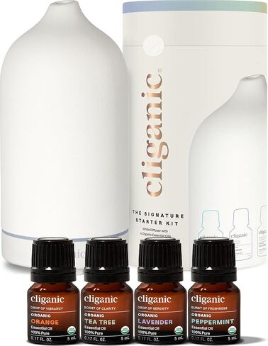 Cliganic Signature Essential Oils Starter Kit with Diffuser Set for Aromatherapy, Home & Office (White) in Saudi Arabia