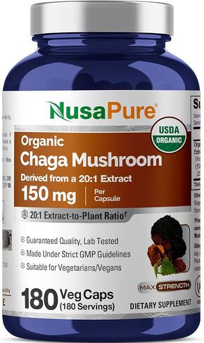 NusaPure Chaga Mushroom 20:1 Extract, 150 mg Equivalent to 3,000mg per Veggie Capsule, 180 Count, USDA Organic, Vegan, Non-GMO in Kuwait