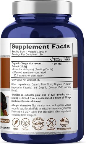 NusaPure Chaga Mushroom 20:1 Extract, 150 mg Equivalent to 3,000mg per Veggie Capsule, 180 Count, USDA Organic, Vegan, Non-GMO in Kuwait
