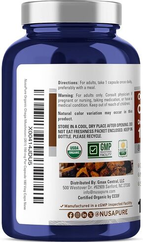 NusaPure Chaga Mushroom 20:1 Extract, 150 mg Equivalent to 3,000mg per Veggie Capsule, 180 Count, USDA Organic, Vegan, Non-GMO in Kuwait