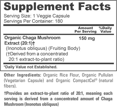 NusaPure Chaga Mushroom 20:1 Extract, 150 mg Equivalent to 3,000mg per Veggie Capsule, 180 Count, USDA Organic, Vegan, Non-GMO in Kuwait