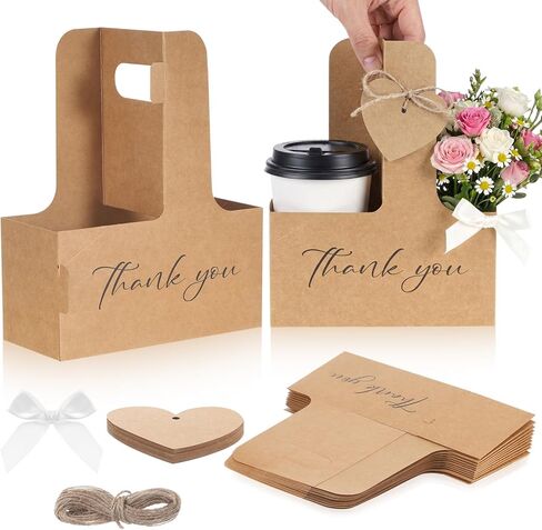 Tinlade 24 Pack 2 Cup Drink Carrier with Handle - Thank You Floral Gift Bags with Heart Cards, Bows, Ribbon & Twine for Mother's Day, Wedding, Volunteer Appreciation(Brown) in Saudi Arabia