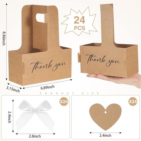 Tinlade 24 Pack 2 Cup Drink Carrier with Handle - Thank You Floral Gift Bags with Heart Cards, Bows, Ribbon & Twine for Mother's Day, Wedding, Volunteer Appreciation(Brown) in Saudi Arabia