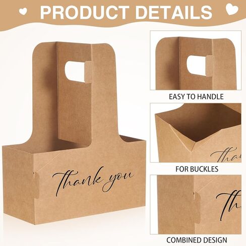 Tinlade 24 Pack 2 Cup Drink Carrier with Handle - Thank You Floral Gift Bags with Heart Cards, Bows, Ribbon & Twine for Mother's Day, Wedding, Volunteer Appreciation(Brown) in Saudi Arabia