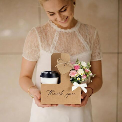 Tinlade 24 Pack 2 Cup Drink Carrier with Handle - Thank You Floral Gift Bags with Heart Cards, Bows, Ribbon & Twine for Mother's Day, Wedding, Volunteer Appreciation(Brown) in Saudi Arabia