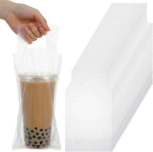 1000 PCS Drink Carrier for Delivery, Bulk Clear Plastic Cup Bag with Handle, Portable Coffee Container Take Out Hanging Hole Beverage Carrier for Single Cup, Coffee, Juice( 6" L x 11" H) in Saudi Arabia