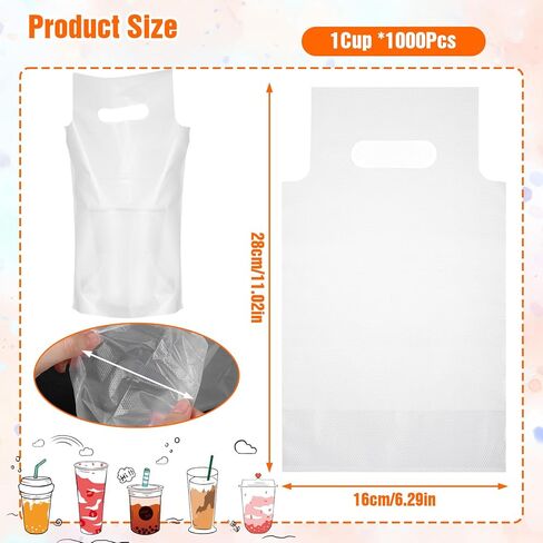 1000 PCS Drink Carrier for Delivery, Bulk Clear Plastic Cup Bag with Handle, Portable Coffee Container Take Out Hanging Hole Beverage Carrier for Single Cup, Coffee, Juice( 6" L x 11" H) in Saudi Arabia