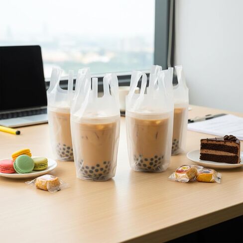1000 PCS Drink Carrier for Delivery, Bulk Clear Plastic Cup Bag with Handle, Portable Coffee Container Take Out Hanging Hole Beverage Carrier for Single Cup, Coffee, Juice( 6" L x 11" H) in Saudi Arabia
