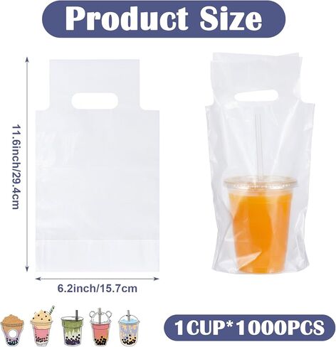 1000 PCS Clear Cup Carrier for Delivery, Plastic Bag with Handle Single Cup Bag Holder Carrier Portable Coffee Container for Coffee Beverage Juice, 6.2 x 11.6 Inch in Saudi Arabia