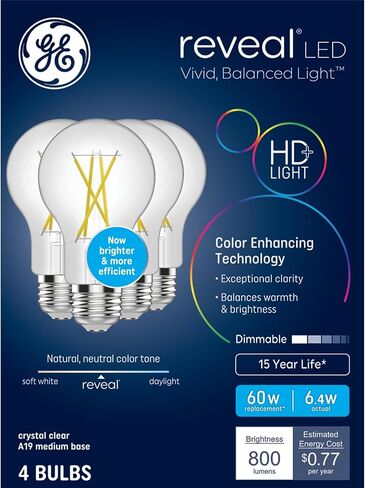 GE Reveal HD+ LED Light Bulbs, 60 Watt, A19 Bulbs (4 Pack) in Saudi Arabia