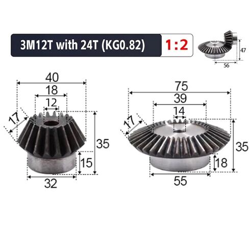 2pcs 1:2 Bevel Gear 3 Modulus 12Teeth + 24Teeth Hole 12mm-14mm 90 Degree Steel Gears Steel Gears Screw M5 in Saudi Arabia