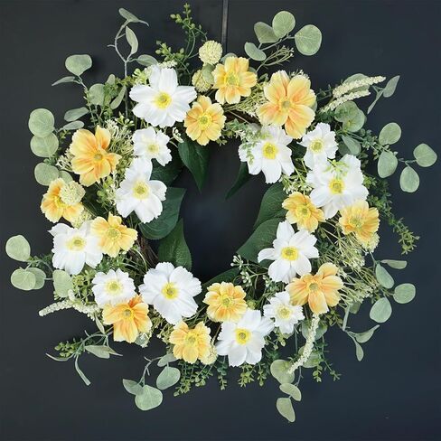 Spring Wreaths for Front Door, 20 Inch Artificial Summer Wreath with Daisy Flower, Floral Wreath for Porch Window Outdoor Indoor Wall Decor, All Seasons Wreaths for Farmhouse Decoration in Kuwait