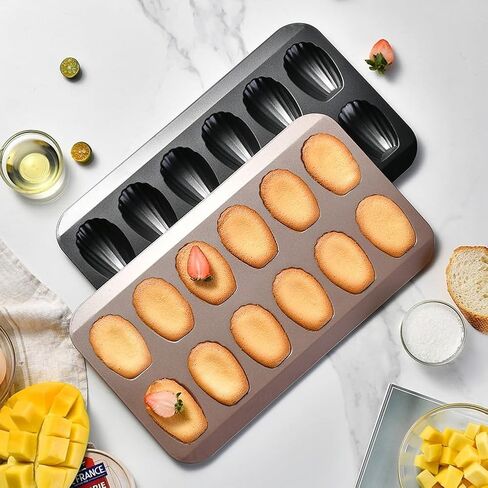 Cake and Cookie Shell Pan, 12-Cavity Stainless Steel Nonstick Bakeware for Cupcakes, for Muffins, Desserts, Oven for Microwave Freezer Dishwasher Safe, Gold in Kuwait