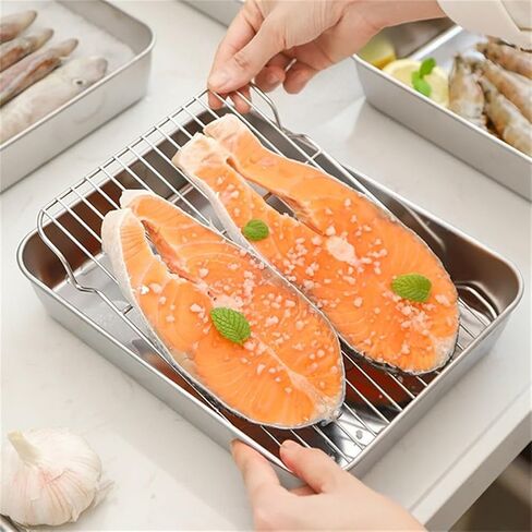 Stainless Steel Baking Pan Tray with Cooling Rack and Cover Set, Rust-Proof Dishwasher Safe, Silvery, 23x17x5cm/26x20x5cm/31x24x5cm for Oven Baking and Kitchen Storage in Kuwait