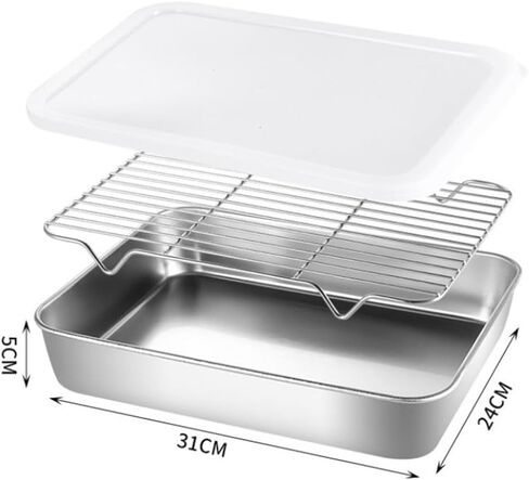 Stainless Steel Baking Pan Tray with Cooling Rack and Cover Set, Rust-Proof Dishwasher Safe, Silvery, 23x17x5cm/26x20x5cm/31x24x5cm for Oven Baking and Kitchen Storage in Kuwait