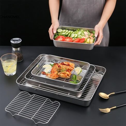 Stainless Steel Baking Tray with Cooling Rack and Lid Set for Oven Baking, Roasting, Cooling, and Kitchen Storage, Rust-Proof and Dishwasher Safe in Kuwait