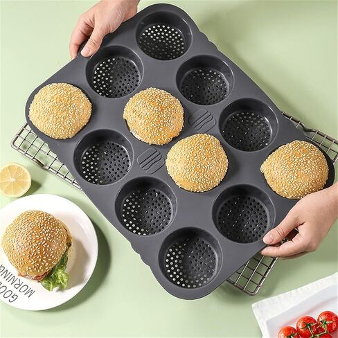 12-Cavity Silicone Hamburger Bun Pan for Baking, 8cm Cup Size, Non-Stick Cake Tray, Dishwasher Safe, Grey in Kuwait