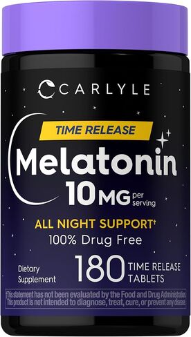 Carlyle Melatonin 10mg | 180 Time Release Tablets | All Night Support | with Vitamin B6 | 100% Drug Free Supplement | Vegan, Non-GMO, Gluten Free in Kuwait