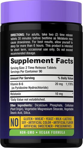 Carlyle Melatonin 10mg | 180 Time Release Tablets | All Night Support | with Vitamin B6 | 100% Drug Free Supplement | Vegan, Non-GMO, Gluten Free in Kuwait